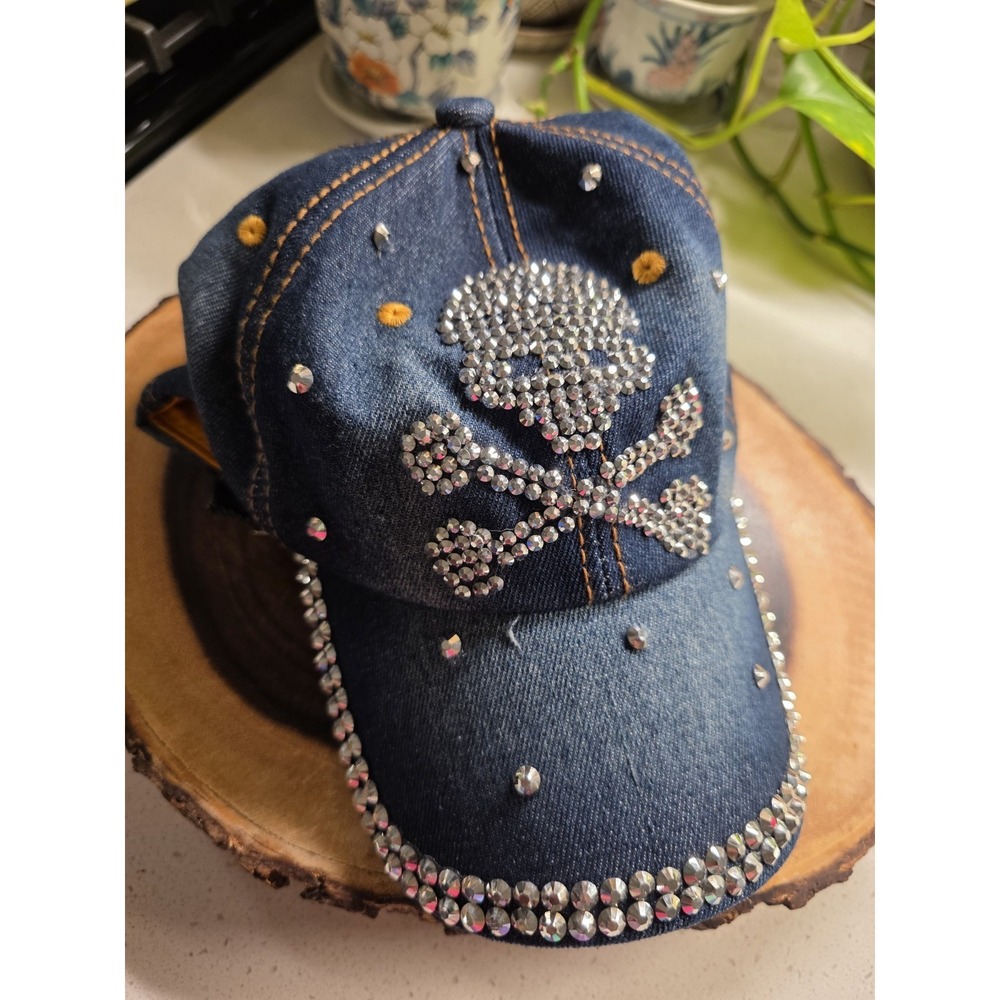 Rhinestone Skull Hat for Women,‎ One Size, & Crossbones (Denim)